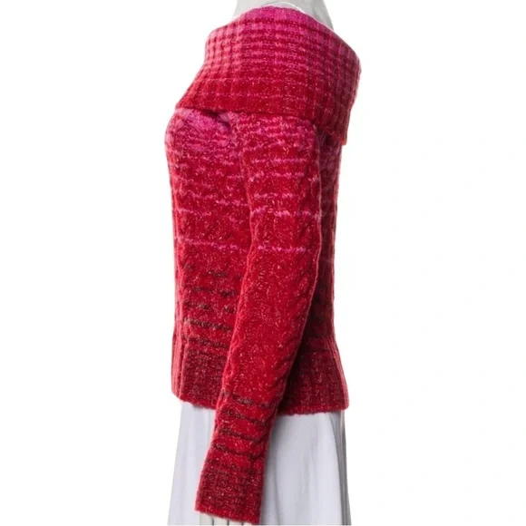 Staud Myrna Off-The-Shoulder Long Sleeve Cable Knit Sweater Cozy Red Pink Size M